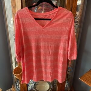 Belle by Kim Gravel Striped Coral pink top runched sleeves  Large